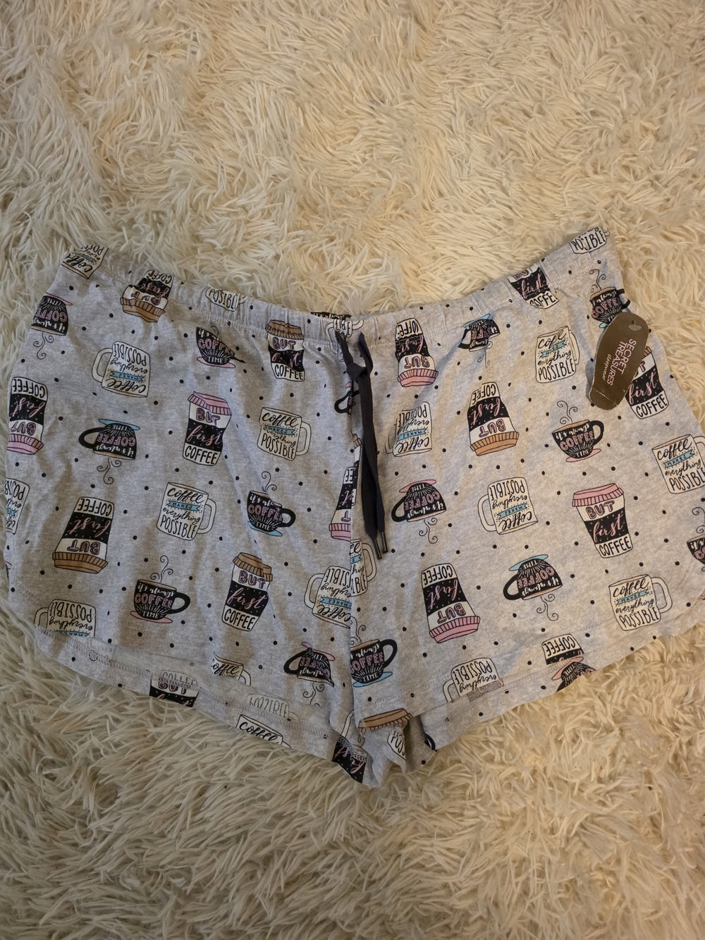 Secret Treasures Coffee Print Lounge Shorts - Gray with Pink & Teal Accents